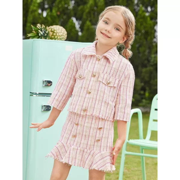 WDIRARA Girl's 2 Piece Outfits Button Front Long Sleeve Tweed Jacket and Skirt Set