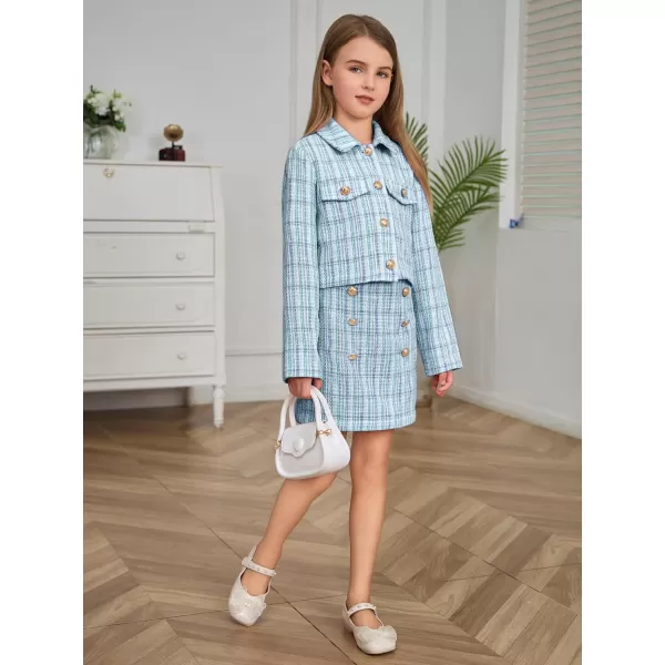 WDIRARA Girl's 2 Piece Outfits Button Front Long Sleeve Tweed Jacket and Skirt Set