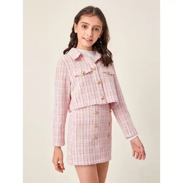 WDIRARA Girl's 2 Piece Outfits Button Front Long Sleeve Tweed Jacket and Skirt Set
