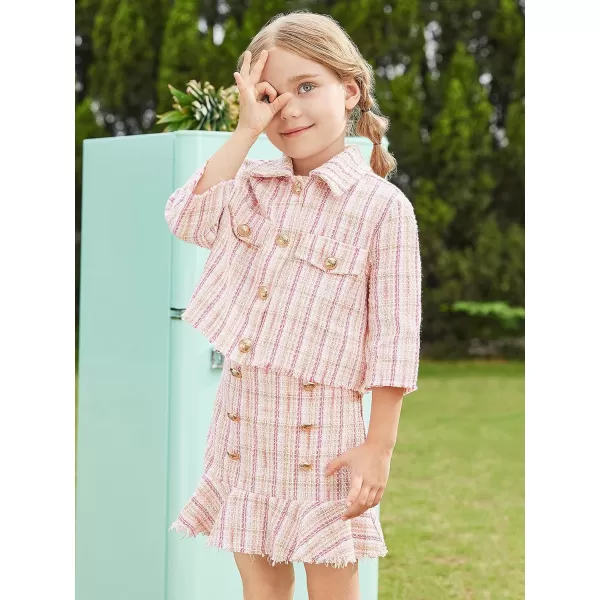 WDIRARA Girl's 2 Piece Outfits Button Front Long Sleeve Tweed Jacket and Skirt Set