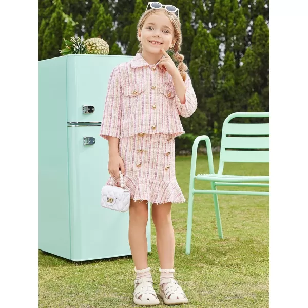 WDIRARA Girl's 2 Piece Outfits Button Front Long Sleeve Tweed Jacket and Skirt Set