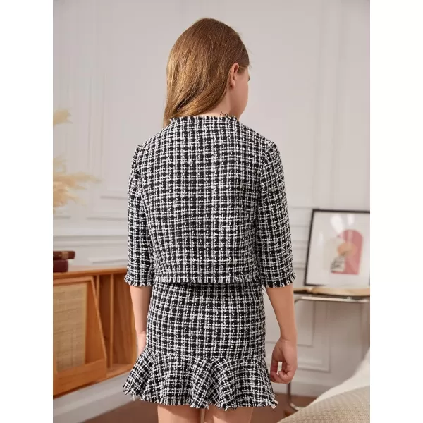 WDIRARA Girl's 2 Piece Outfits Plaid Tweed Half Sleeve Jacket and Ruffle Mini Skirt Set