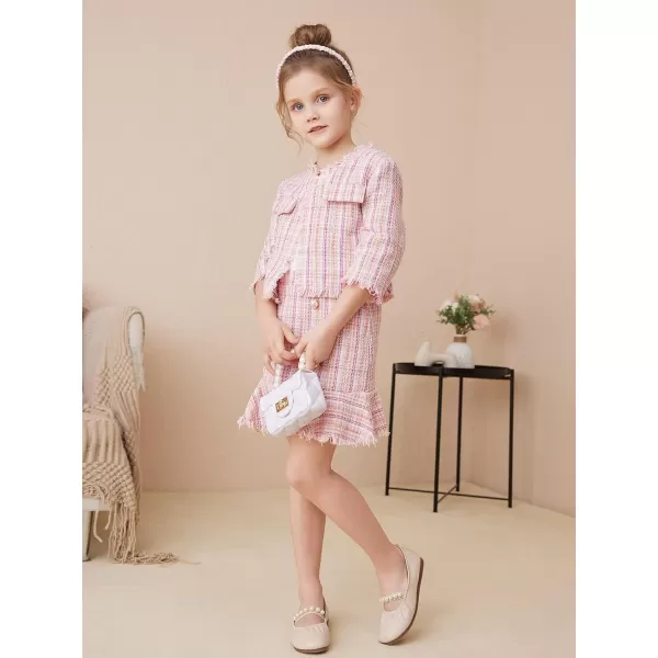 WDIRARA Girl's 2 Piece Outfits Plaid Tweed Half Sleeve Jacket and Ruffle Mini Skirt Set