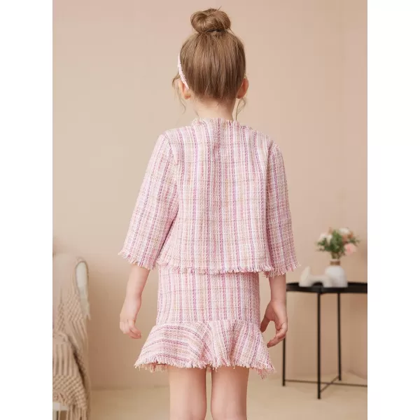 WDIRARA Girl's 2 Piece Outfits Plaid Tweed Half Sleeve Jacket and Ruffle Mini Skirt Set