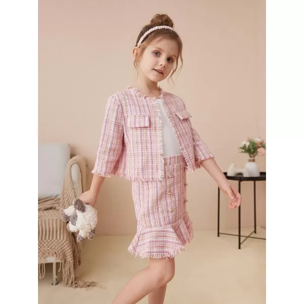 WDIRARA Girl's 2 Piece Outfits Plaid Tweed Half Sleeve Jacket and Ruffle Mini Skirt Set