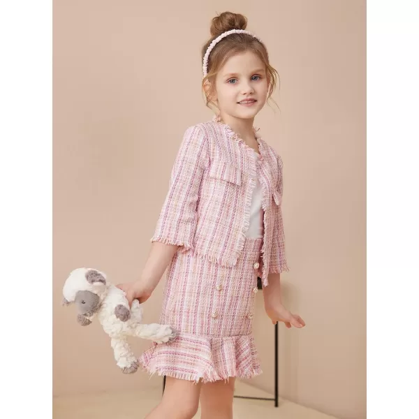 WDIRARA Girl's 2 Piece Outfits Plaid Tweed Half Sleeve Jacket and Ruffle Mini Skirt Set