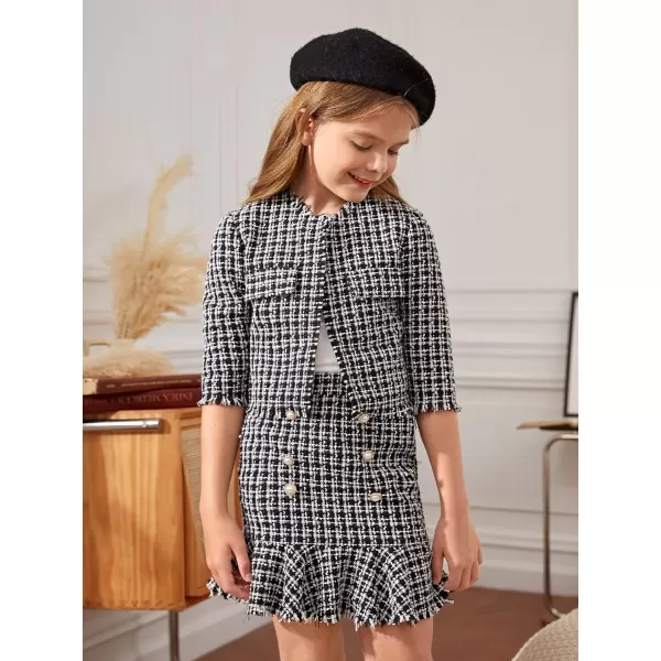 WDIRARA Girl's 2 Piece Outfits Plaid Tweed Half Sleeve Jacket and Ruffle Mini Skirt Set
