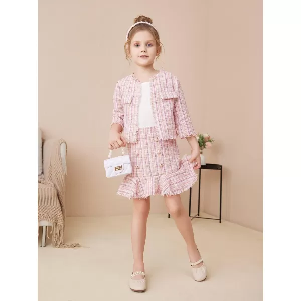 WDIRARA Girl's 2 Piece Outfits Plaid Tweed Half Sleeve Jacket and Ruffle Mini Skirt Set