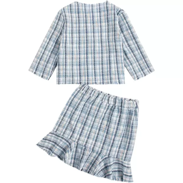 WDIRARA Girl's 2 Piece Outfits Plaid Tweed Half Sleeve Jacket and Ruffle Mini Skirt Set