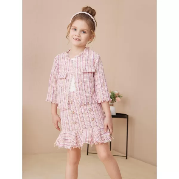 WDIRARA Girl's 2 Piece Outfits Plaid Tweed Half Sleeve Jacket and Ruffle Mini Skirt Set
