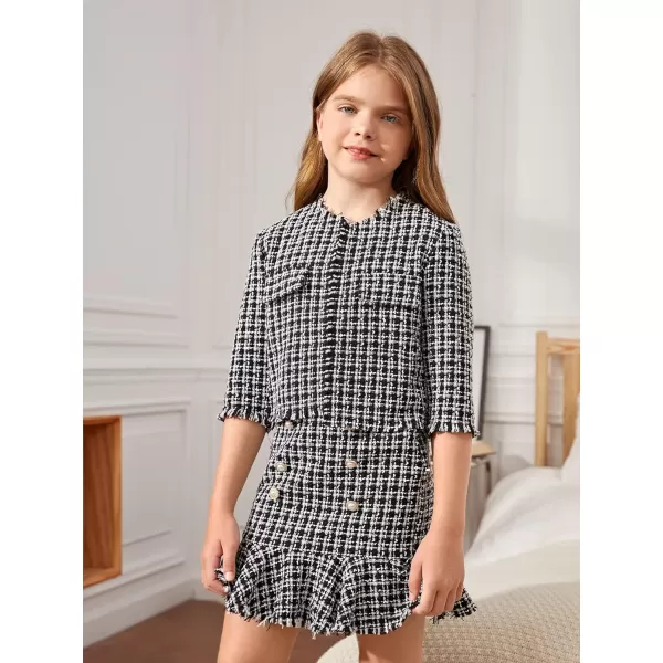 WDIRARA Girl's 2 Piece Outfits Plaid Tweed Half Sleeve Jacket and Ruffle Mini Skirt Set