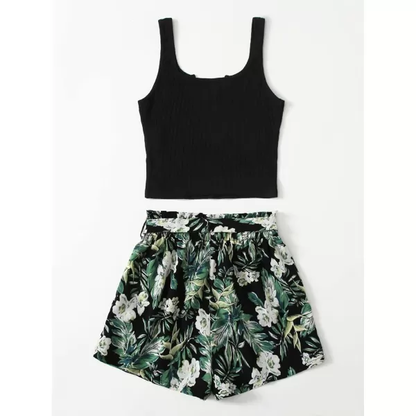 WDIRARA Girl's 2 Piece Outfits Rib Knit Tank Top and Tropical Print Belted Shorts Set