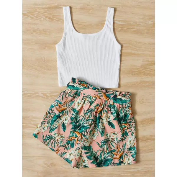 WDIRARA Girl's 2 Piece Outfits Rib Knit Tank Top and Tropical Print Belted Shorts Set