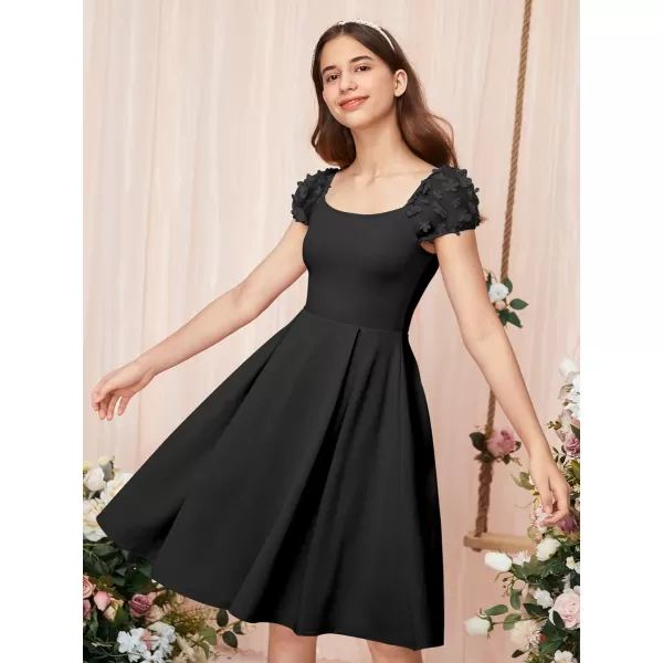 WDIRARA Girl's Appliques Mesh Puff Sleeve Square Neck Ruffle Hem Dress