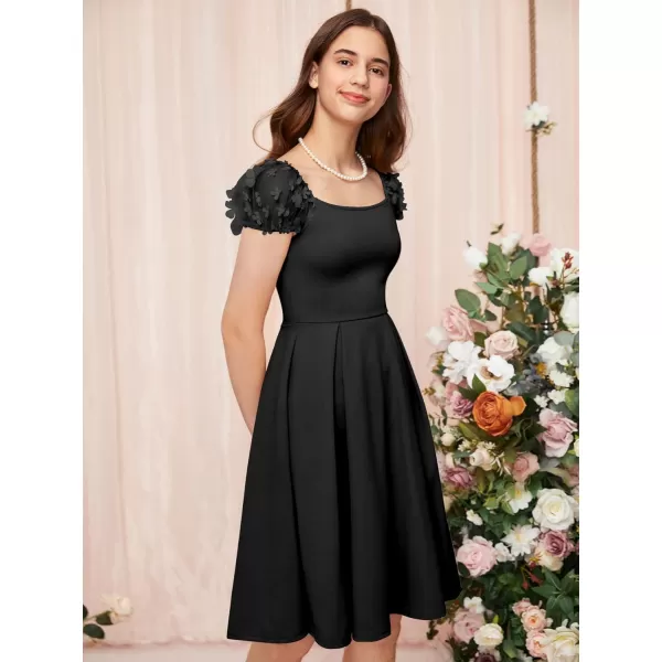 WDIRARA Girl's Appliques Mesh Puff Sleeve Square Neck Ruffle Hem Dress
