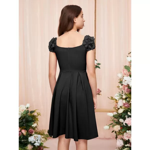 WDIRARA Girl's Appliques Mesh Puff Sleeve Square Neck Ruffle Hem Dress