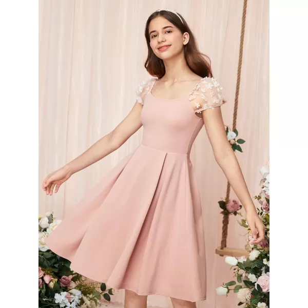 WDIRARA Girl's Appliques Mesh Puff Sleeve Square Neck Ruffle Hem Dress