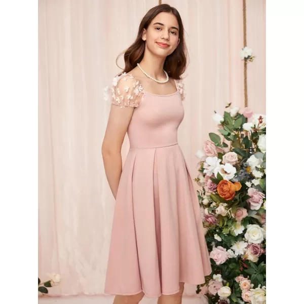 WDIRARA Girl's Appliques Mesh Puff Sleeve Square Neck Ruffle Hem Dress