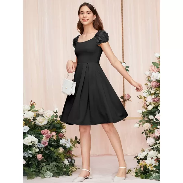 WDIRARA Girl's Appliques Mesh Puff Sleeve Square Neck Ruffle Hem Dress