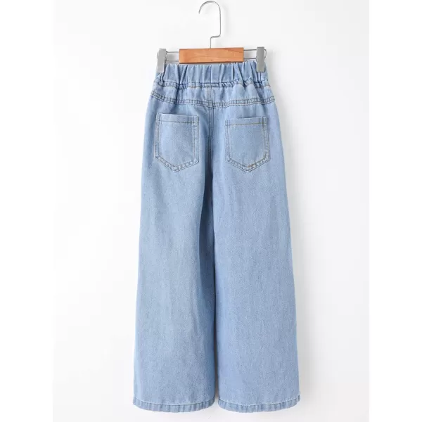 WDIRARA Girl's Butterfly Print Elastic Waist Wide Leg Ripped Jeans Denim Pants