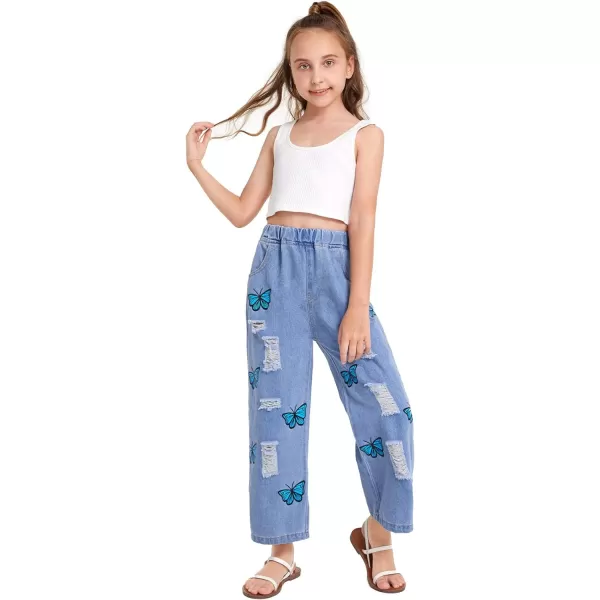 WDIRARA Girl's Butterfly Print Elastic Waist Wide Leg Ripped Jeans Denim Pants
