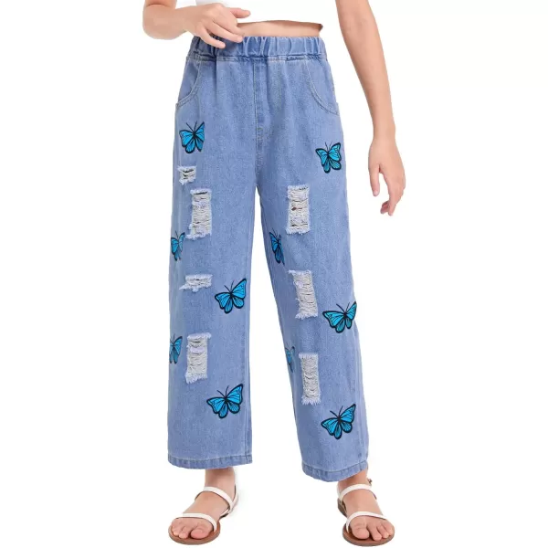 WDIRARA Girl's Butterfly Print Elastic Waist Wide Leg Ripped Jeans Denim Pants