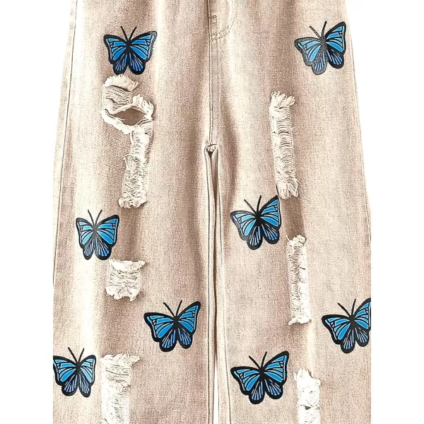 WDIRARA Girl's Butterfly Print Elastic Waist Wide Leg Ripped Jeans Denim Pants