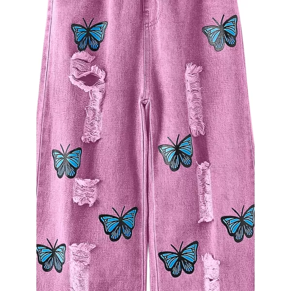 WDIRARA Girl's Butterfly Print Elastic Waist Wide Leg Ripped Jeans Denim Pants