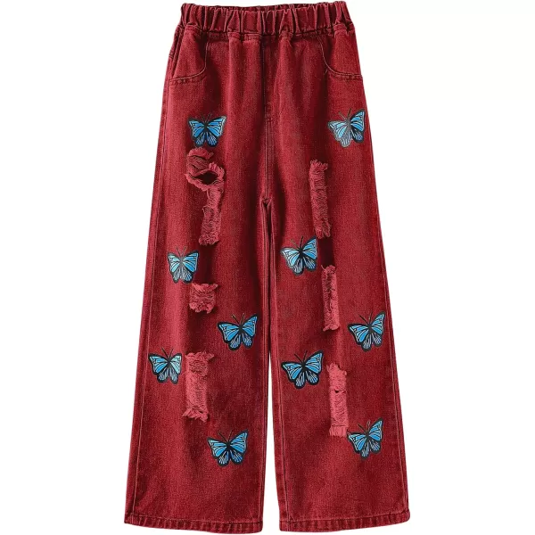 WDIRARA Girl's Butterfly Print Elastic Waist Wide Leg Ripped Jeans Denim Pants