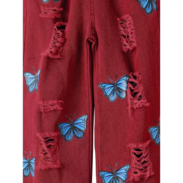 WDIRARA Girl's Butterfly Print Elastic Waist Wide Leg Ripped Jeans Denim Pants