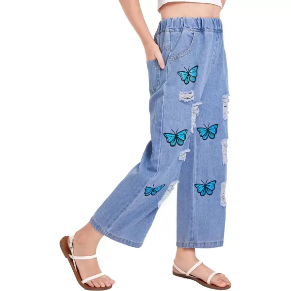 WDIRARA Girl's Butterfly Print Elastic Waist Wide Leg Ripped Jeans Denim Pants