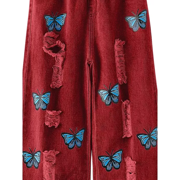 WDIRARA Girl's Butterfly Print Elastic Waist Wide Leg Ripped Jeans Denim Pants