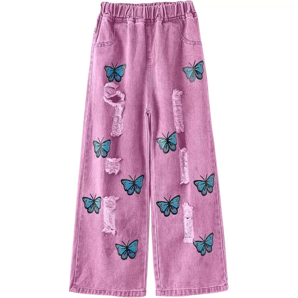 WDIRARA Girl's Butterfly Print Elastic Waist Wide Leg Ripped Jeans Denim Pants