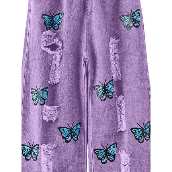 WDIRARA Girl's Butterfly Print Elastic Waist Wide Leg Ripped Jeans Denim Pants