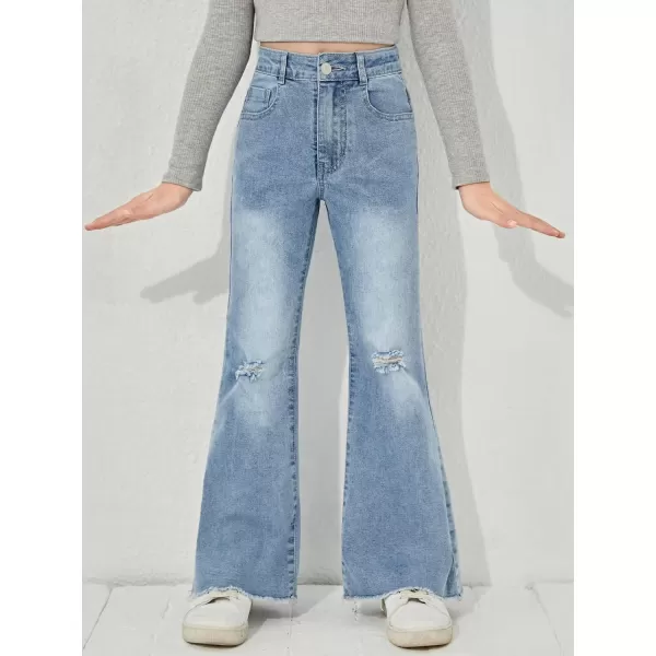WDIRARA Girl's Butterfly Print Elastic Waist Wide Leg Ripped Jeans Denim Pants
