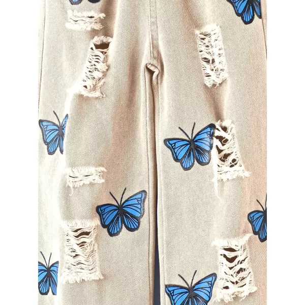 WDIRARA Girl's Butterfly Print Elastic Waist Wide Leg Ripped Jeans Denim Pants
