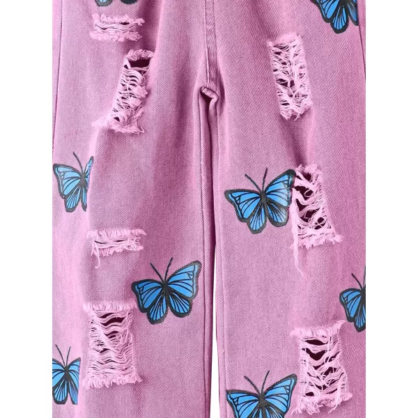 WDIRARA Girl's Butterfly Print Elastic Waist Wide Leg Ripped Jeans Denim Pants