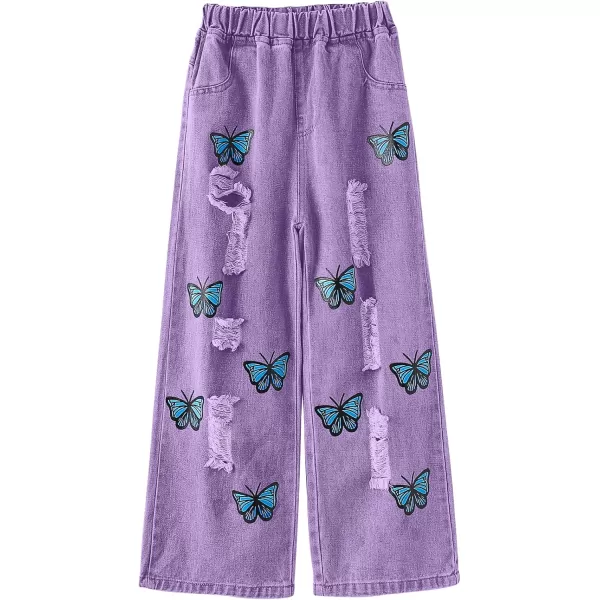 WDIRARA Girl's Butterfly Print Elastic Waist Wide Leg Ripped Jeans Denim Pants