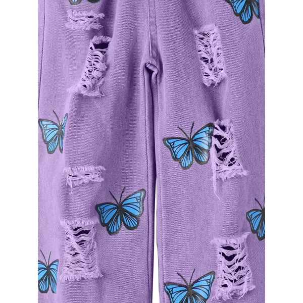 WDIRARA Girl's Butterfly Print Elastic Waist Wide Leg Ripped Jeans Denim Pants