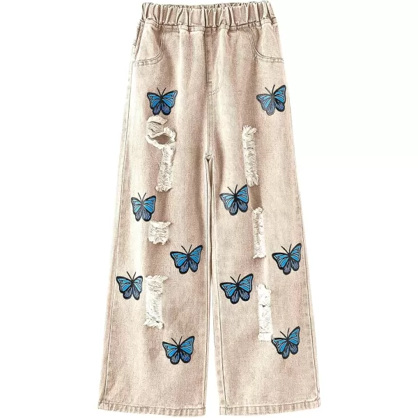 WDIRARA Girl's Butterfly Print Elastic Waist Wide Leg Ripped Jeans Denim Pants