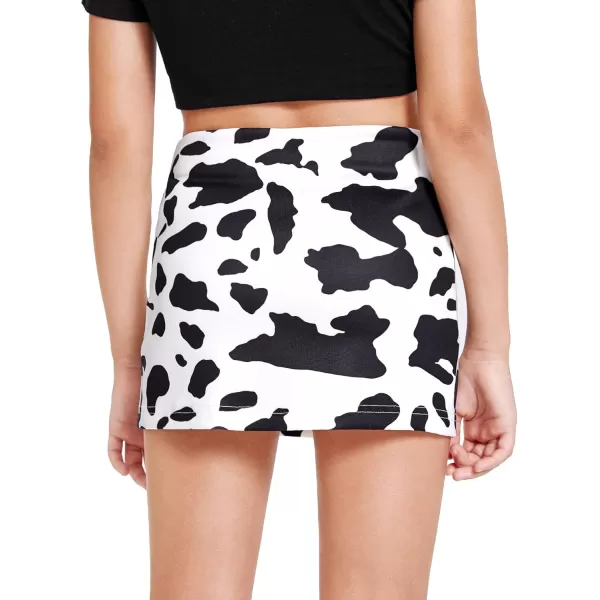 WDIRARA Girl's Cow Print Summer Split Hem High Waist Zipper Casual Mini Short Skirt