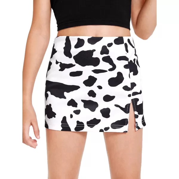 WDIRARA Girl's Cow Print Summer Split Hem High Waist Zipper Casual Mini Short Skirt