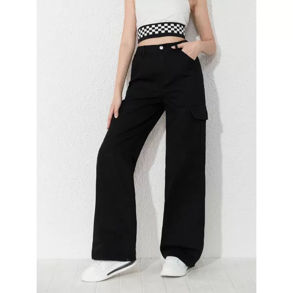WDIRARA Girl's Flap Pocket Side High Waist Straight Leg Cargo Long Jeans Denim Pants