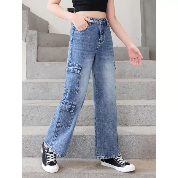 WDIRARA Girl's Flap Pocket Side High Waist Straight Leg Cargo Long Jeans Denim Pants