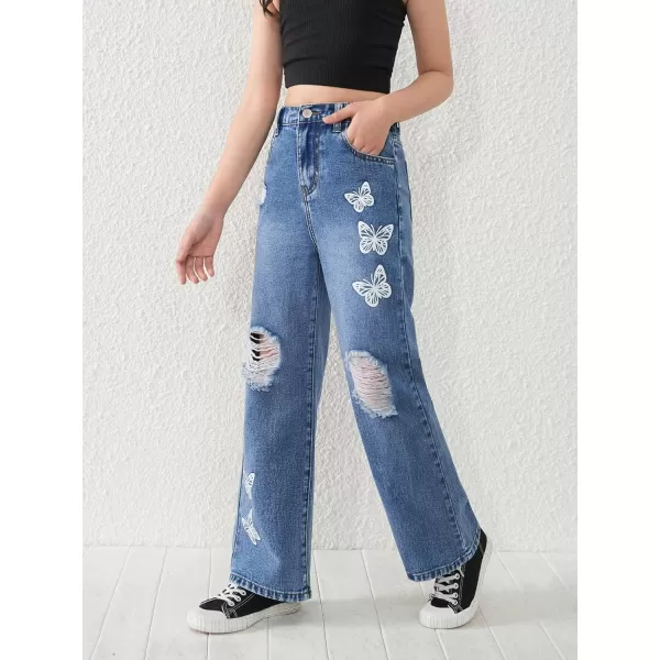 WDIRARA Girl's Flap Pocket Side High Waist Straight Leg Cargo Long Jeans Denim Pants