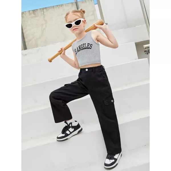 WDIRARA Girl's Flap Pocket Side High Waist Straight Leg Cargo Long Jeans Denim Pants
