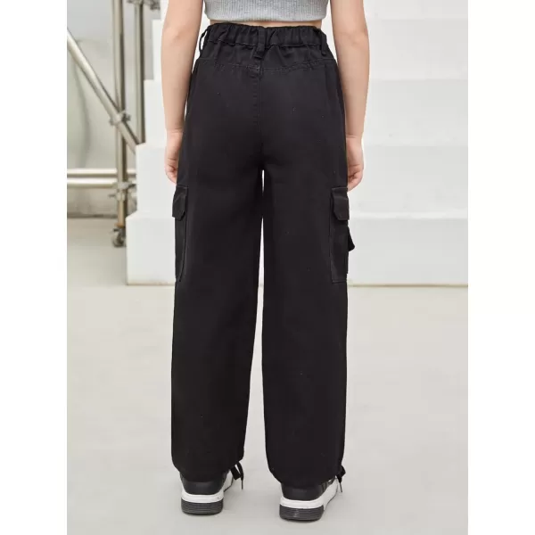 WDIRARA Girl's Flap Pocket Side High Waist Straight Leg Cargo Long Jeans Denim Pants