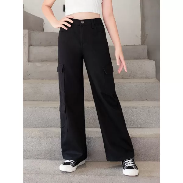 WDIRARA Girl's Flap Pocket Side High Waist Straight Leg Cargo Long Jeans Denim Pants