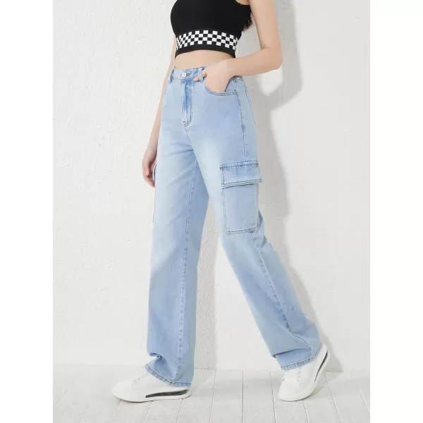 WDIRARA Girl's Flap Pocket Side High Waist Straight Leg Cargo Long Jeans Denim Pants