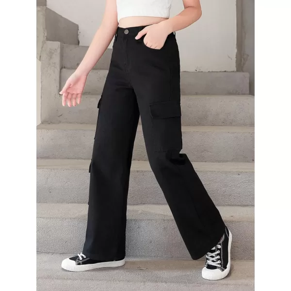 WDIRARA Girl's Flap Pocket Side High Waist Straight Leg Cargo Long Jeans Denim Pants